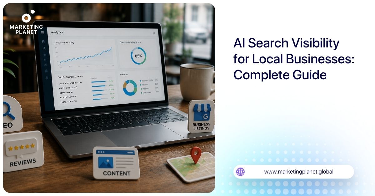 Visual highlighting key factors that help local businesses improve AI search visibility, including SEO, reviews, content, and business listings.
