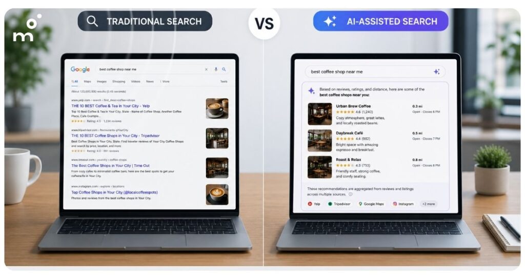 Comparison of traditional search results and AI-assisted search, illustrating how AI summarizes information from multiple sources into a direct answer.