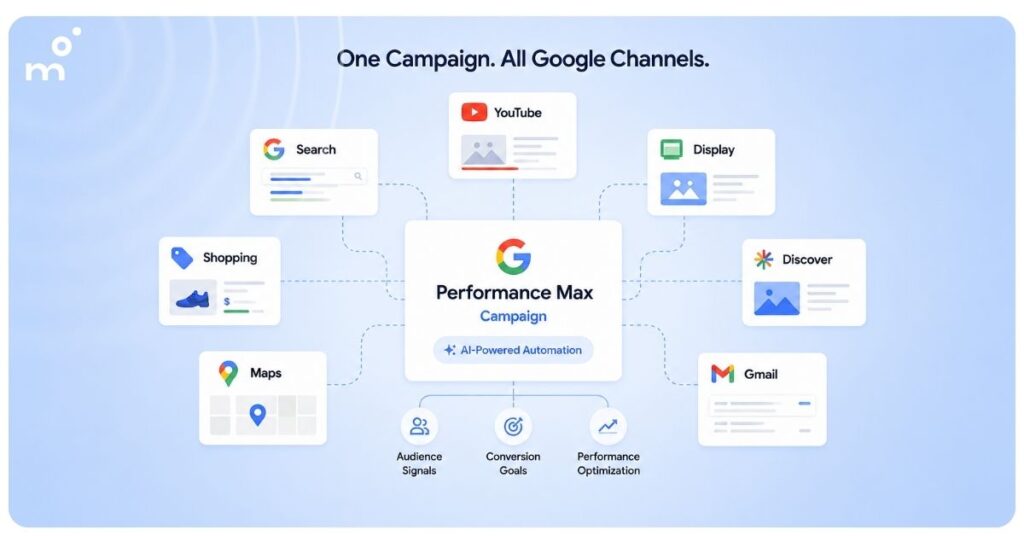 Illustration of a Google Performance Max campaign connecting to Search, YouTube, Display, Discover, Gmail, Maps, and Shopping channels, showing AI-driven automation, audience signals, conversion goals, and multi-channel ad optimization from a single campaign.