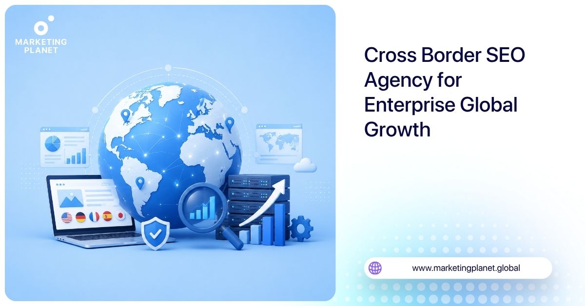 Graphic representing enterprise global SEO growth with international markets, multilingual website systems, and cross-border search strategy.