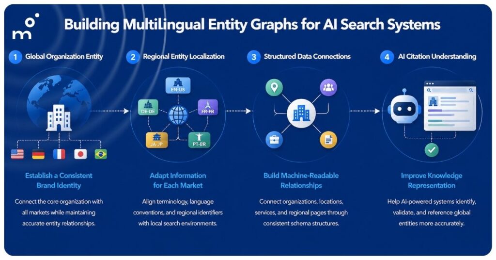 Infographic illustrating a multilingual entity graph framework for AI search systems, showing how global organization entities connect with regional entities, localized schema, structured data relationships, and AI citation understanding across international markets.