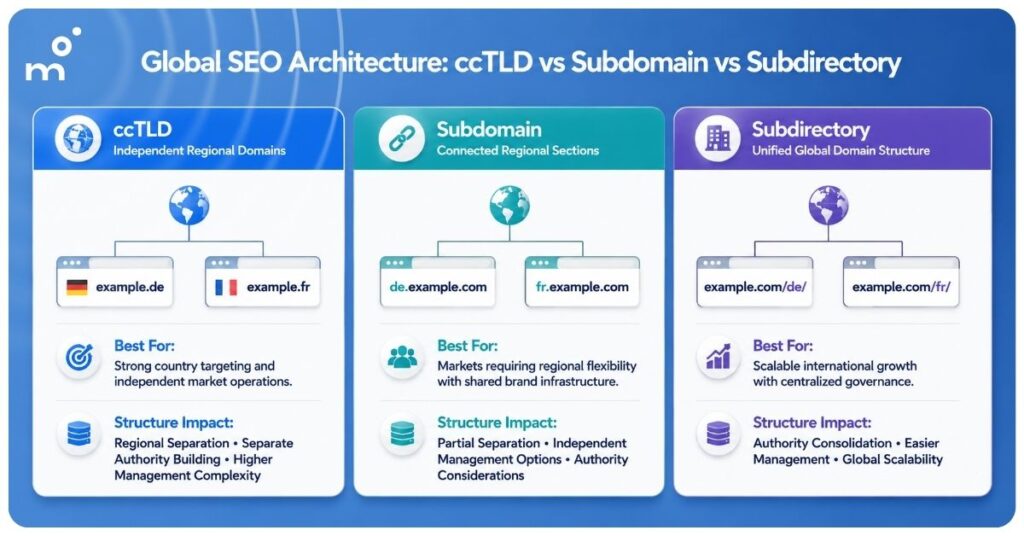 Infographic comparing global SEO architecture options, including ccTLDs, subdomains, and subdirectories, showing differences in domain structure, regional targeting, authority management, and international scalability.
