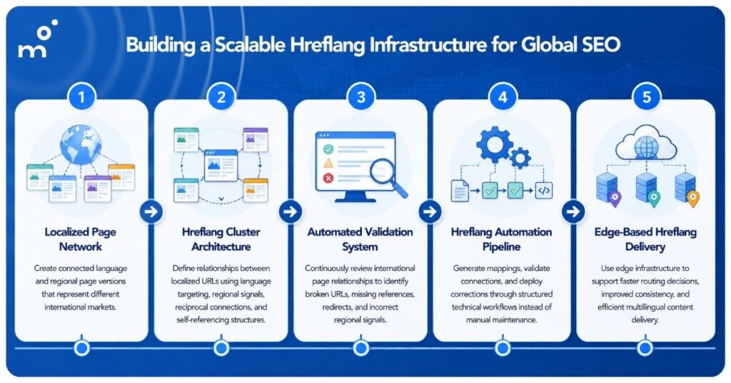 Infographic illustrating a five-stage hreflang infrastructure workflow for global SEO, showing localized page networks, hreflang cluster architecture, automated validation, hreflang automation pipelines, and edge-based multilingual content delivery.