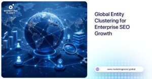 Illustration of a global enterprise SEO strategy showing interconnected business entities, international markets, search relationships, and structured digital architecture supporting scalable commercial growth and AI-driven information retrieval.