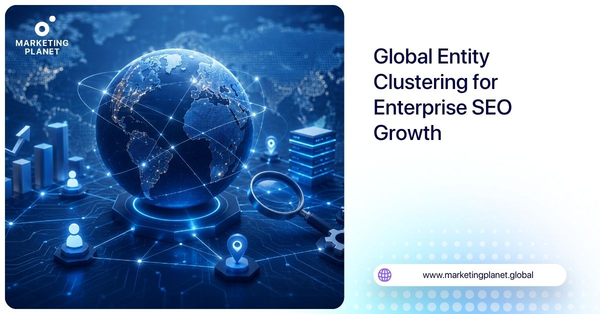 Illustration of a global enterprise SEO strategy showing interconnected business entities, international markets, search relationships, and structured digital architecture supporting scalable commercial growth and AI-driven information retrieval.