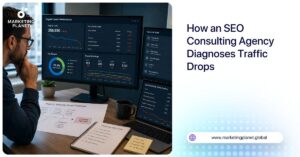 Illustration of an SEO consultant analyzing enterprise organic traffic declines using analytics dashboards, technical audits, ranking data, and search performance metrics to identify the root causes of a website traffic drop.
