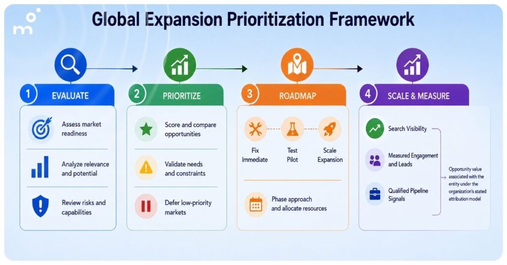 Global expansion prioritization framework infographic illustrating enterprise market evaluation, expansion prioritization, phased international rollout planning, and measuring qualified entity coverage beyond page count.