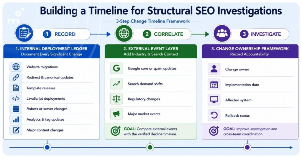 Infographic illustrating a three-step enterprise SEO investigation timeline, showing how teams document internal deployments, correlate external search events, and track change ownership to diagnose structural search visibility declines.