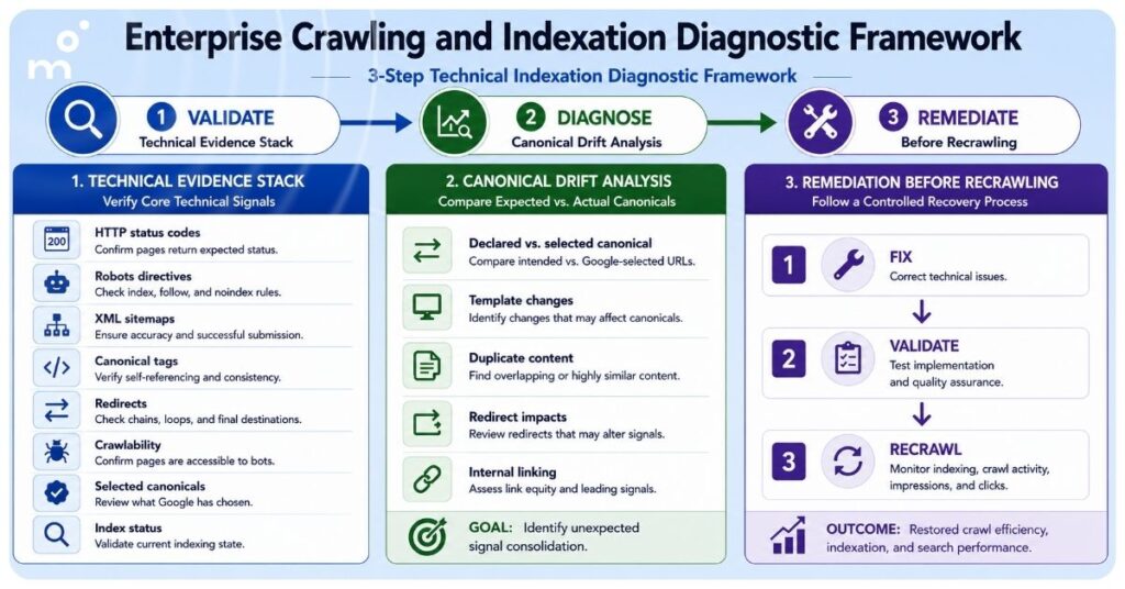 Infographic illustrating an enterprise crawling and indexation diagnostic framework, showing a three-step workflow for validating technical SEO signals, diagnosing canonical issues, and remediating indexing problems before requesting recrawling.