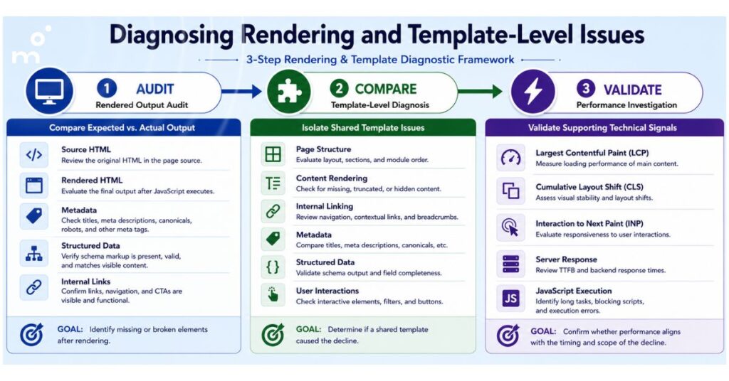 Infographic illustrating an enterprise rendering and template-level diagnostic framework, showing rendered output audits, template comparison, and technical performance validation to identify structural SEO issues affecting search visibility.